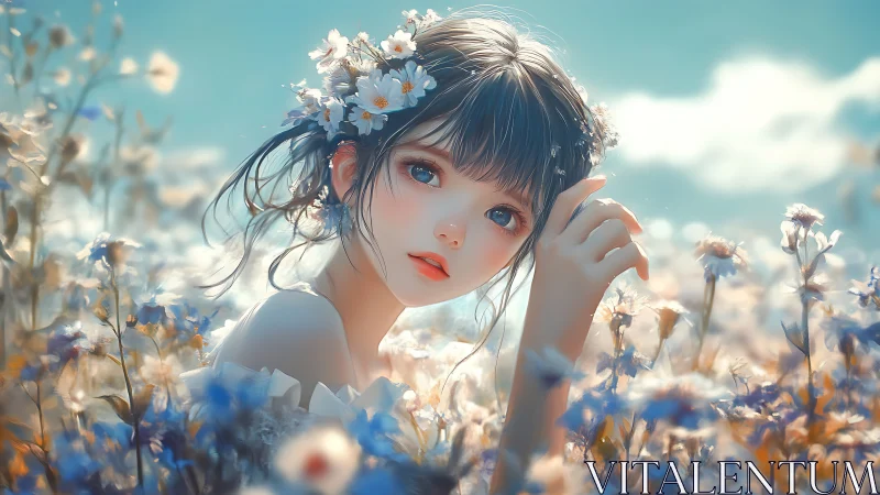 Daydreaming flower maiden bathed in soft spring light.