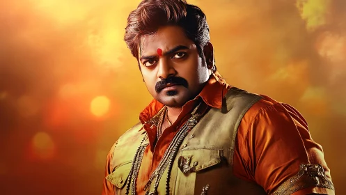 Storm-eyed warrior locks gaze beneath molten sunset sky