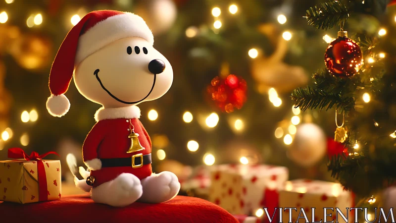 Festive cartoon dog figurine in glowing Christmas bokeh.