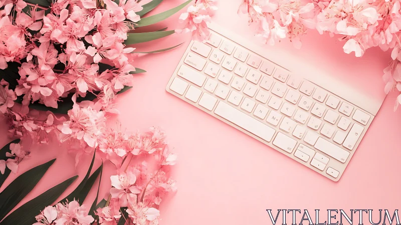 Compact white keyboard with pink blossoms on pastel surface
