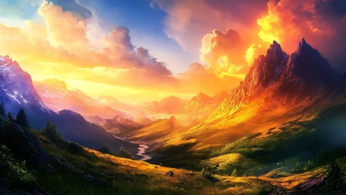 Vibrant digital landscape with sunlit fantasy mountains.