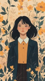 Melancholic girl portrait within stylized golden floral field