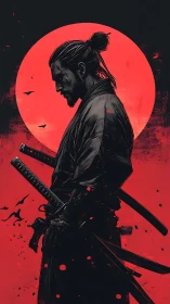 Lone samurai in crimson moonlight, caught between battles.