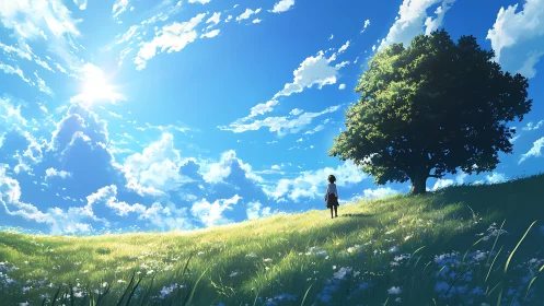 Skywide meadow waits as one small dreamer measures summer
