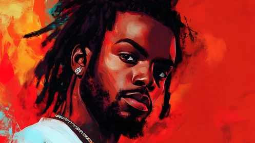 Bold digital portrait of man with dreadlocks on red backdrop.