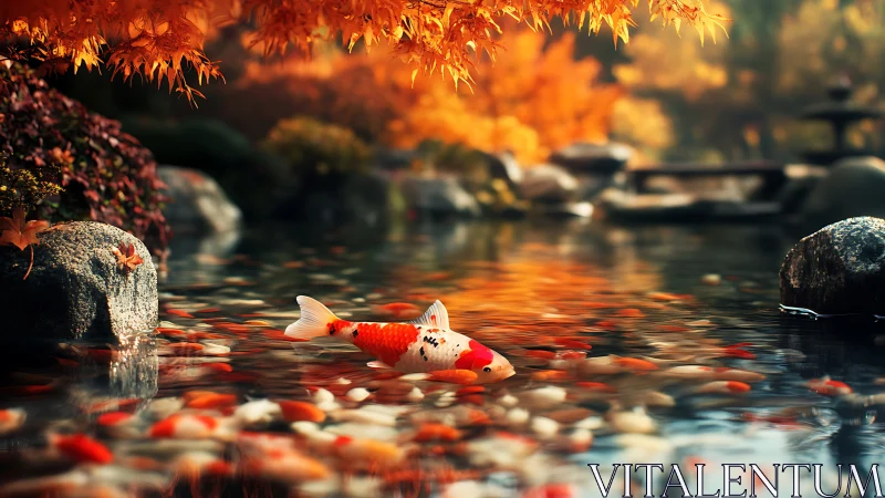 Autumn koi pond scene renders shallow depth, rich color harmony