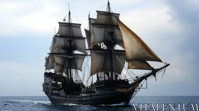 Tall ship under full sail on open sea in soft overcast light.