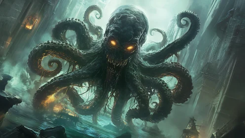 Colossal eldritch sea monster rises in a drowned cityscape