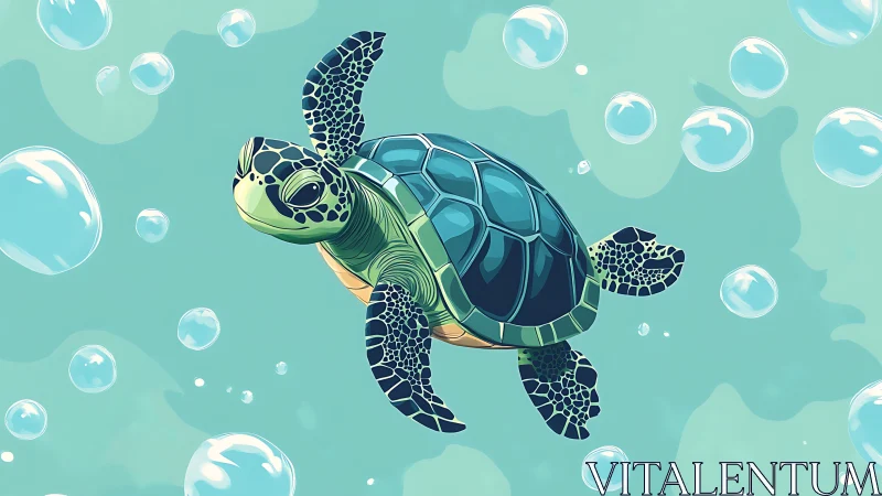 Sea turtle illustration with stylized shell and bubbles.