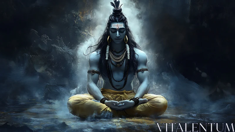 Blue ascetic deity meditates within swirling misted light.