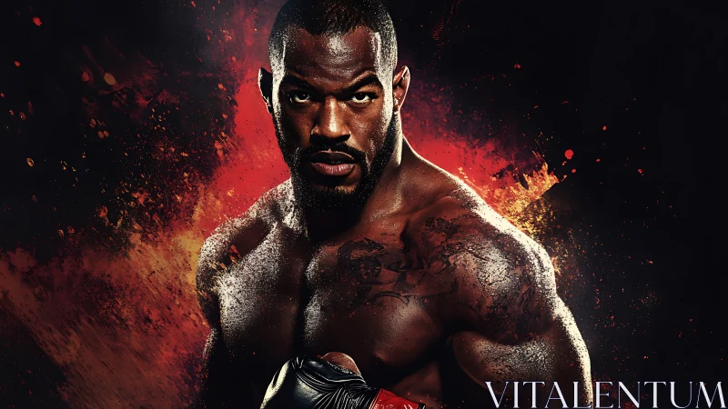 Male boxer portrait with red abstract splatter background.