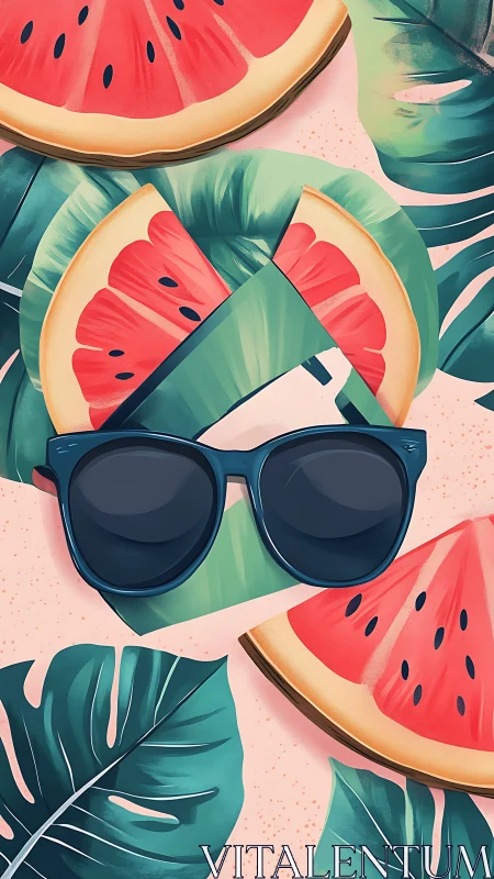 Watermelon slices and sunglasses in flat tropical layout.