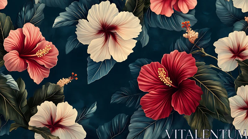 Hibiscus Florals Against Deep Teal Background.