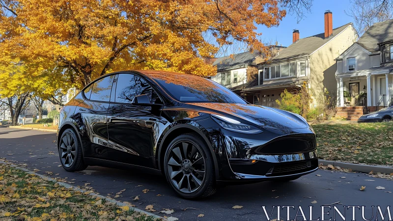 Glossy black EV parked under vivid autumn canopy street.