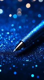 Luminous fountain pen on glittering bokeh blue surface.