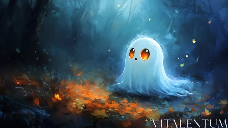Small glowing-eyed ghost sits in a dark autumn forest