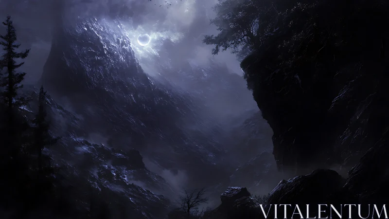 Eclipsed moonlight shrouds a misty, jagged mountain ravine.