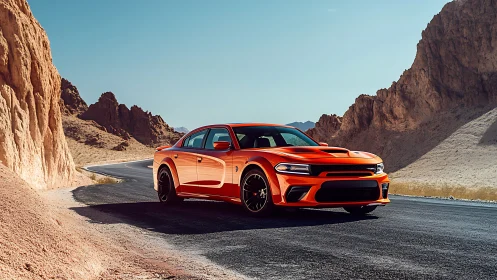 Sunburnt muscle car prowls a winding desert asphalt ribbon.