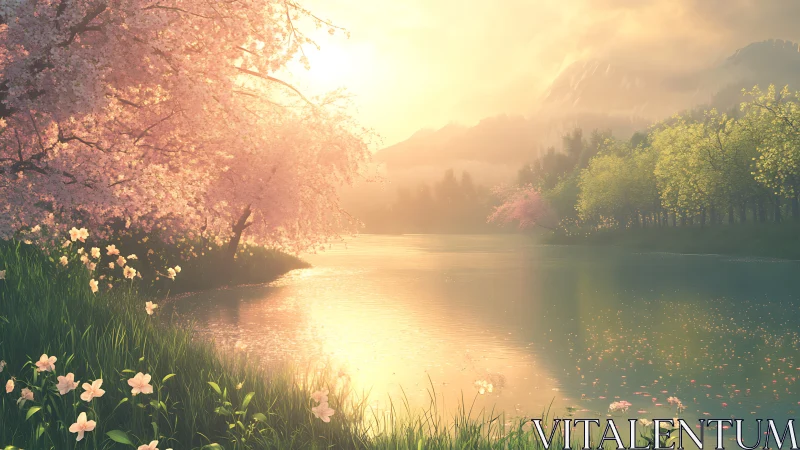 Gentle sunrise glows over a calm lake and cherry blossoms