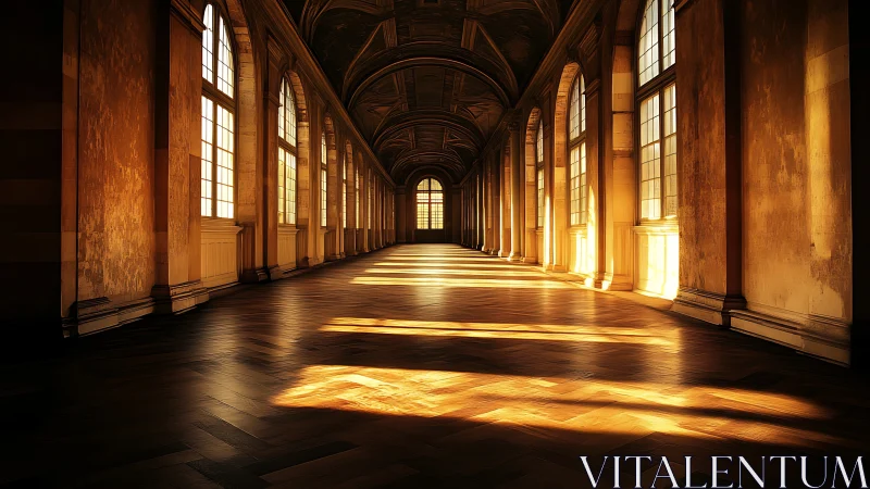 Sunlit palace corridor where golden shadows stretch forever.