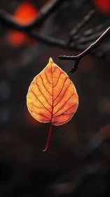 Single backlit leaf hangs from branch against dark background