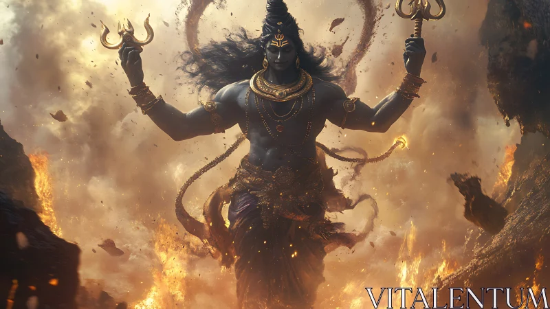 Storm-forged deity strides through cascades of cosmic fire.