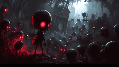 Night forest filled with glowing red-eyed shadow figures.
