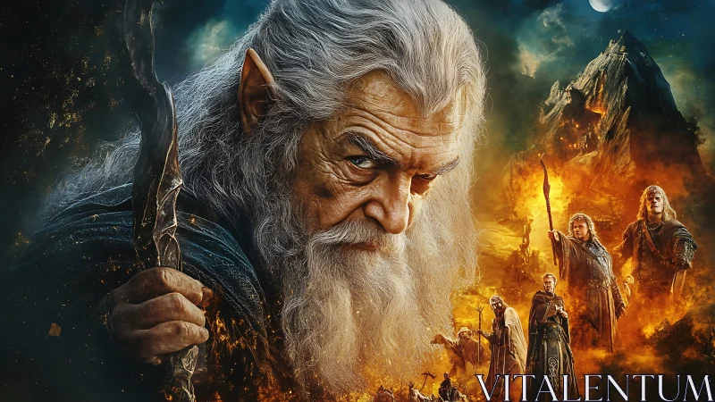 Elder battle mage dominates volcanic fantasy war tableau.