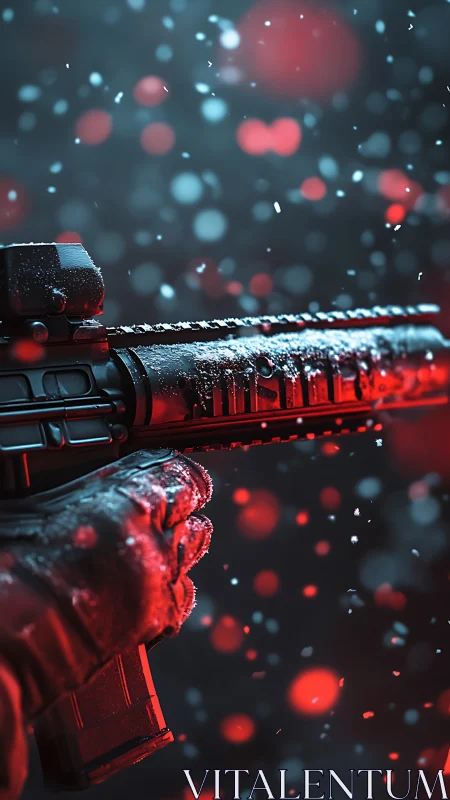 Frostbitten carbine gripped in neon blizzard silence.