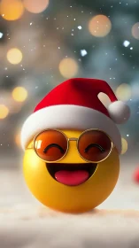 Smiling emoji in Santa hat on snowy bokeh background.