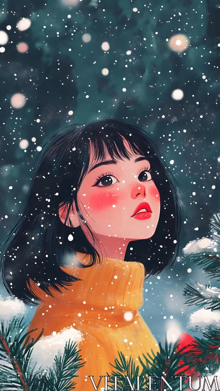 Young woman in snow wearing yellow turtleneck sweater.