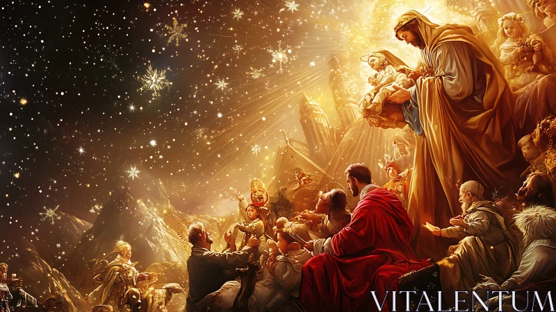 Star-swept nativity gathering under a blazing golden heaven.