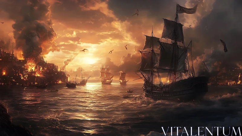 War galleon exits burning harbor under dramatic sunset sky