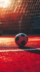 Soccer ball on red field in warm sunset light by goal net.