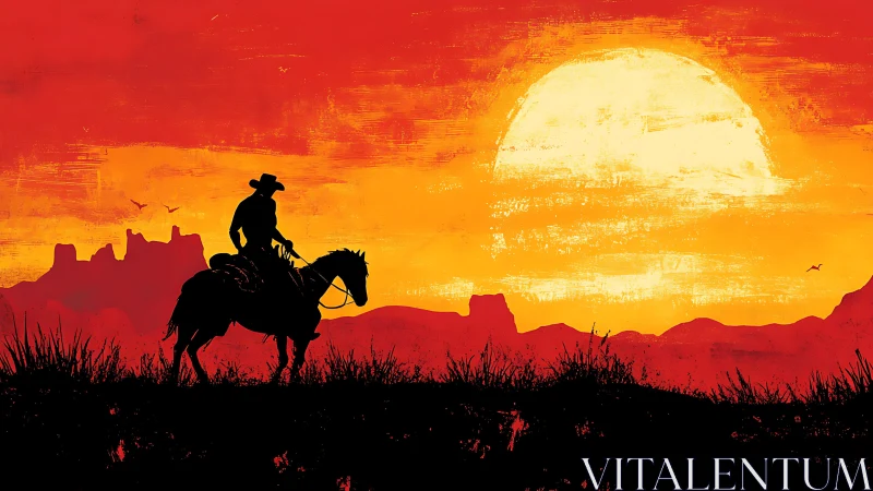 Silhouette cowboy rides across desert plain at vivid sunset