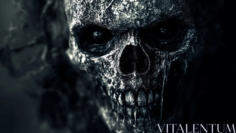 Corroded skeletal visage in high-contrast monochrome horror study.