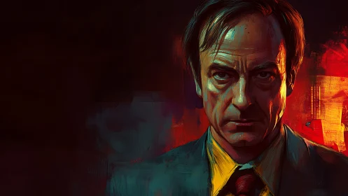 Intense male portrait uses dramatic lighting and painted color blocks