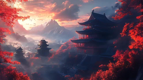 Crimson pagoda valley dreaming under ember kissed mountains.