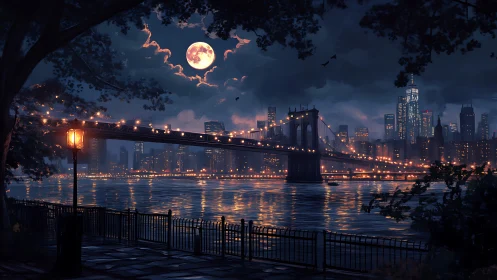 Luminous suspension bridge under lunar-lit metropolitan skyline.