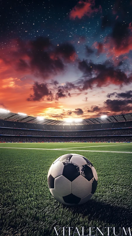 Lone soccer ball waits on stadium pitch under blazing dusk sky