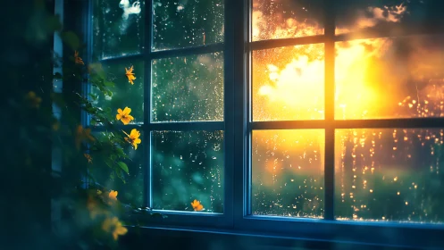 Sunlit rain-soaked window frames glowing evening garden