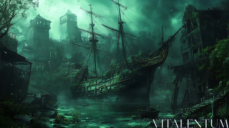 Sailing ship rests in misty abandoned harbor with ruined fortifications