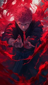 Red energy-wielding warrior focuses power in swirling aura.