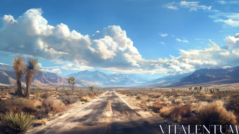 Desert road leading toward distant blue mountain range.