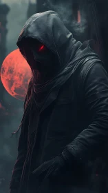Hooded wraith silhouette with red moon backlight and glowing eyes