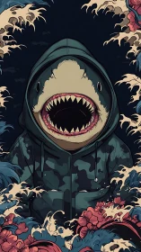 Hooded shark hybrid rises amid crashing stylized waves.