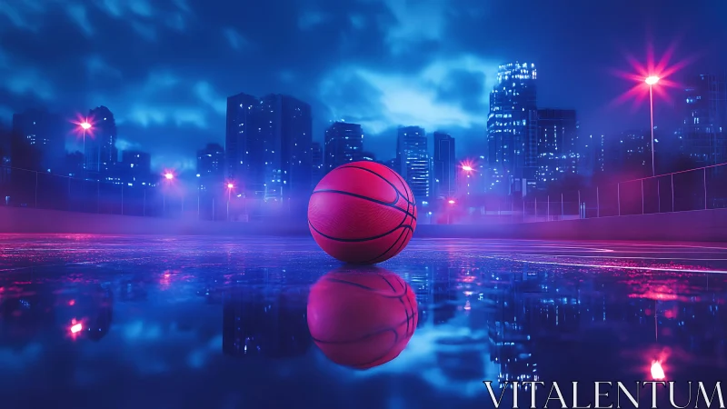 Neon city basketball waits on a rain slicked midnight court