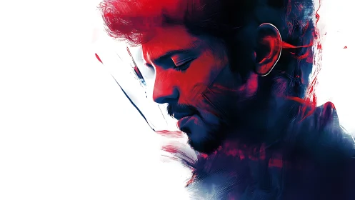 Contemplative male profile in vivid red and blue strokes.
