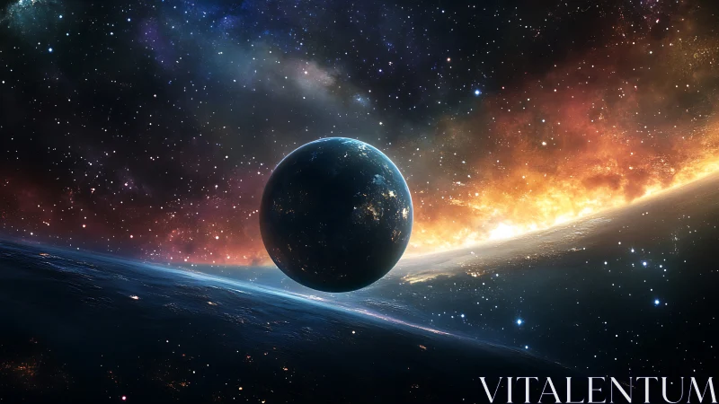 Luminous alien planet drifts between stars and blazing nebula.