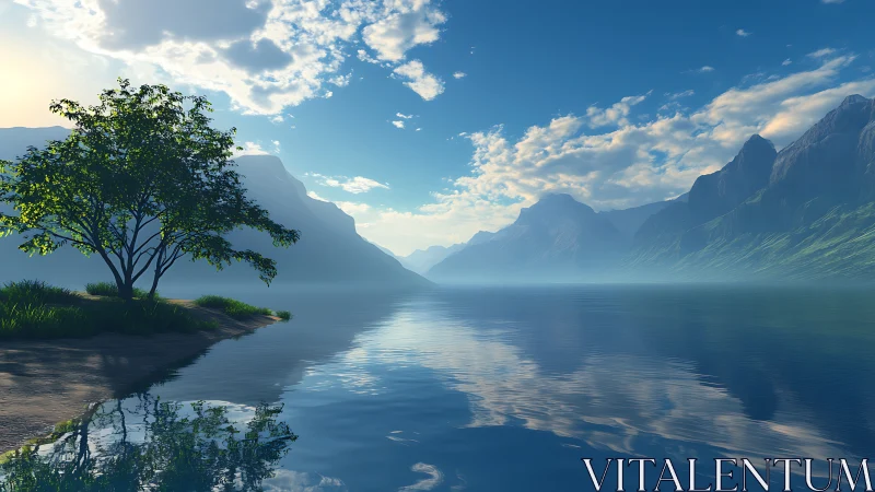 Photorealistic alpine lake vista with luminous atmospheric depth.